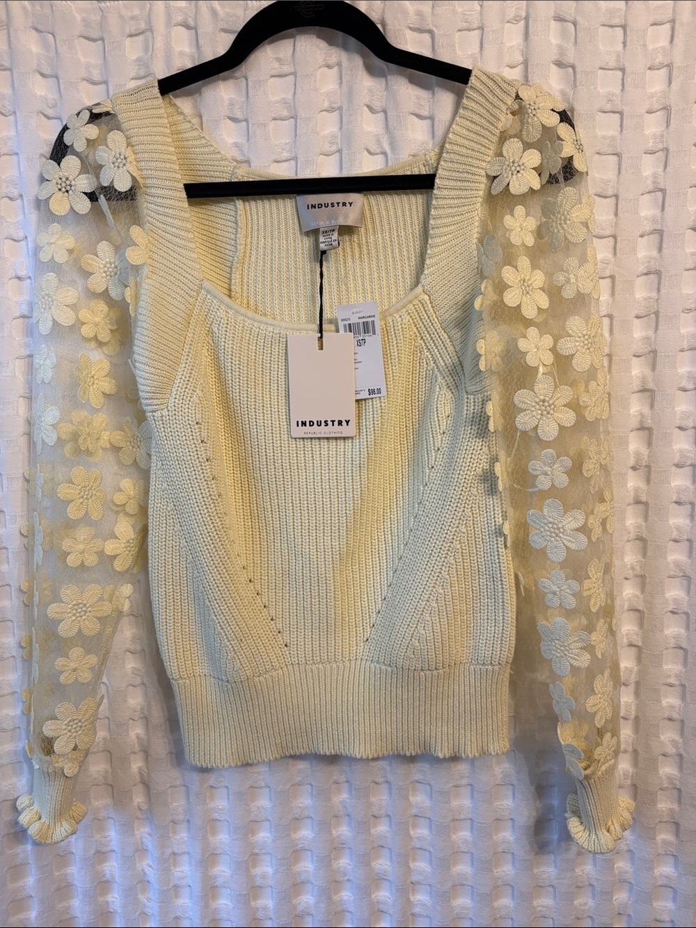 INDUSTRY Pale Yellow Floral-Sleeve Scoop Neck Sweater